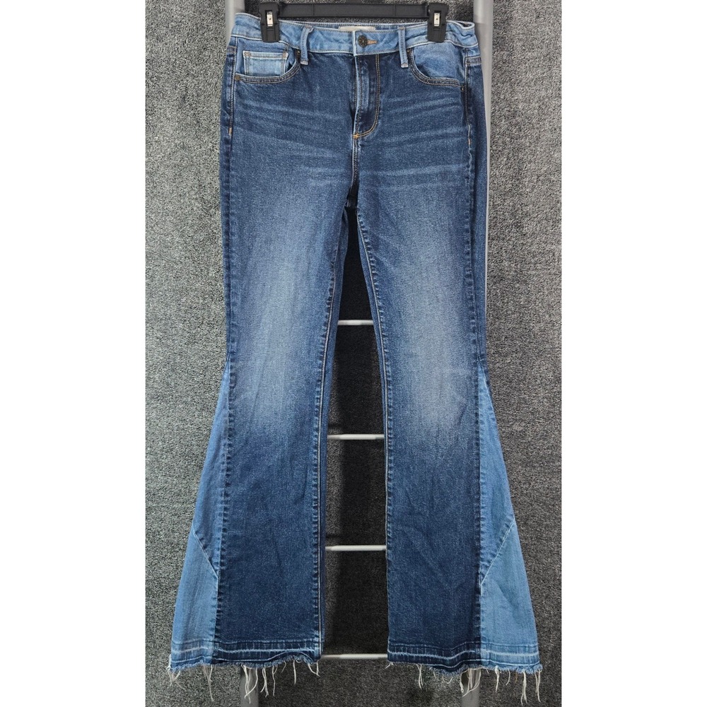 Driftwood Farrah Two Tone Flare Jeans Raw Hem Blue Denim 28x33 High Rise
